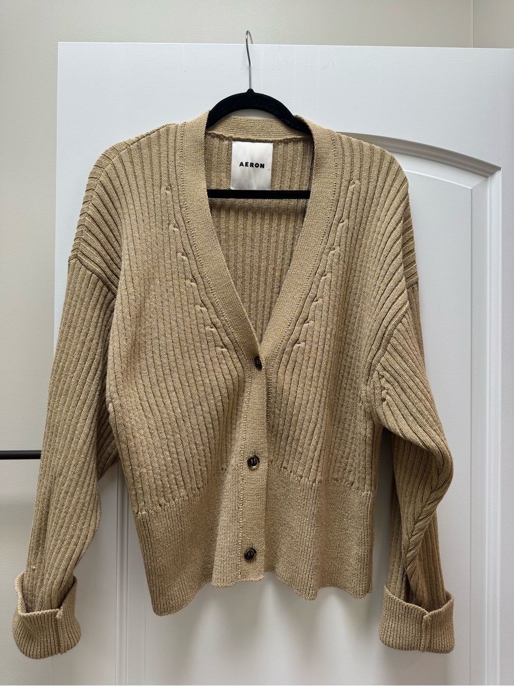 AERON Gold Metallic Ribbed Knit Cardigan Size M